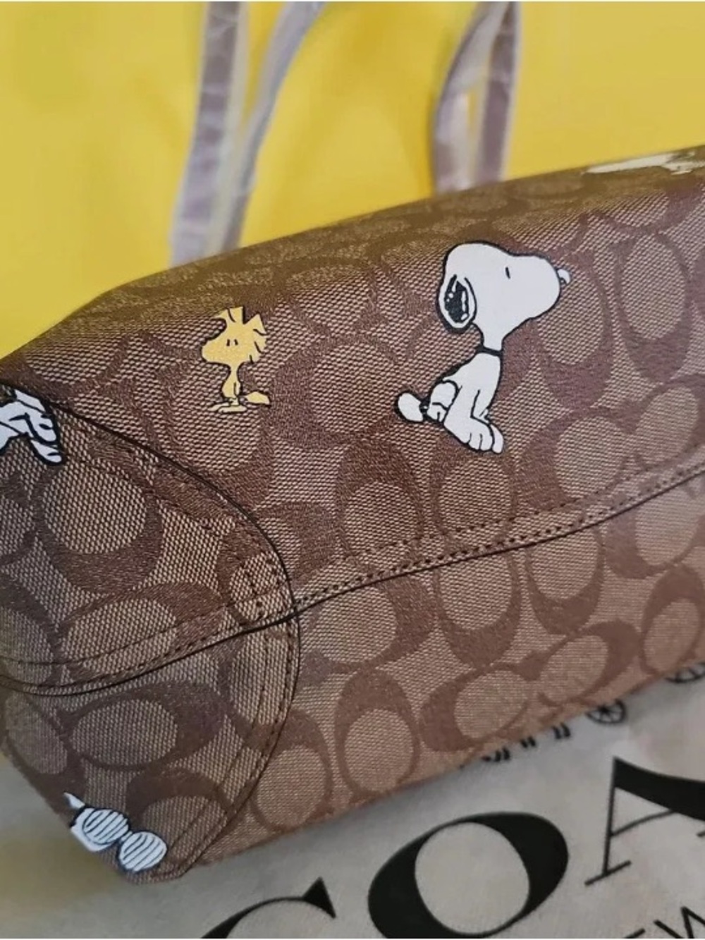 COACH Brown Snoopy & Woodstock Signature Canvas Tote with Yellow Tag - Picture 4 of 5